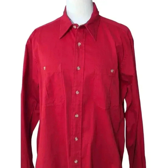 Mens Woolrich Large Red Long Sleeve Button Up Shirt Double Pockets 100% Cotton - Picture 2 of 12